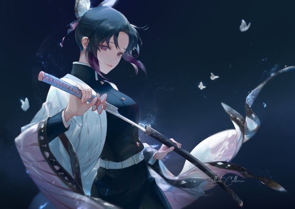 Anime picture 1468x1042 with kimetsu no yaiba ufotable kochou shinobu callarinc single looking at viewer fringe short hair black hair simple background hair between eyes purple eyes holding signed payot traditional clothes japanese clothes multicolored hair light smile wide sleeves