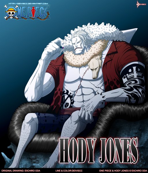 Anime picture 1453x1700 with one piece toei animation hody jones deiviscc single long hair tall image simple background white hair inscription open clothes tattoo open shirt coloring drill hair scar muscle white eyes boy