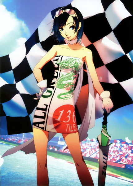 Anime picture 2682x3752 with original takaoka mikoto soejima shigenori single tall image fringe highres short hair blue eyes standing bare shoulders blue hair absurdres sky cloud (clouds) light smile midriff hand on hip closed umbrella girl