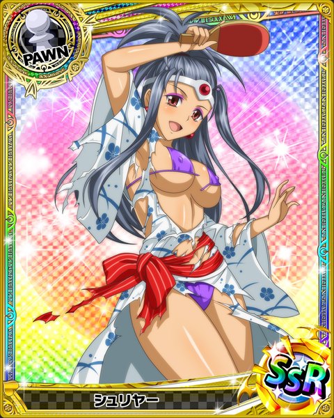 Anime picture 640x800 with highschool dxd tagme (character) single long hair tall image looking at viewer blush breasts open mouth light erotic brown eyes traditional clothes japanese clothes grey hair torn clothes card (medium) girl hair ornament swimsuit bikini