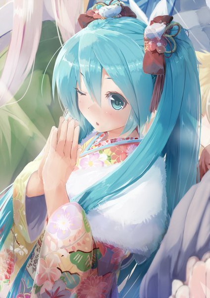 Anime picture 1200x1696 with vocaloid hatsune miku daidou (demitasse) long hair tall image looking at viewer blush twintails traditional clothes japanese clothes one eye closed aqua eyes wink aqua hair floral print hands clasped praying girl hair ornament kimono