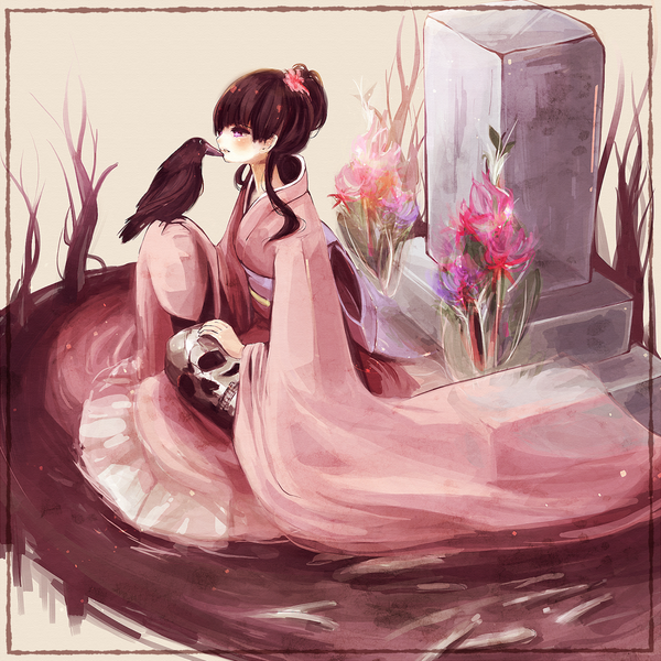 Anime picture 1200x1200 with original mikuri yoru long hair brown hair purple eyes japanese clothes girl flower (flowers) belt kimono skull crow tombstone