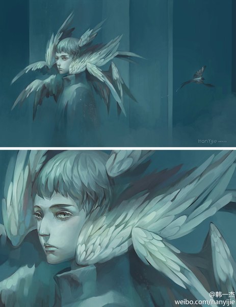 Anime picture 1430x1850 with original hanyijie single tall image looking at viewer fringe short hair signed monochrome blue background head wings multiple wings boy animal wings bird (birds)