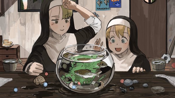 Anime picture 2048x1152 with little nuns (diva) protagonist nun (diva) spicy nun (diva) diva (hyxpk) fringe highres open mouth blue eyes blonde hair wide image multiple girls looking away indoors blunt bangs :d arm up black eyes hand on head nun football