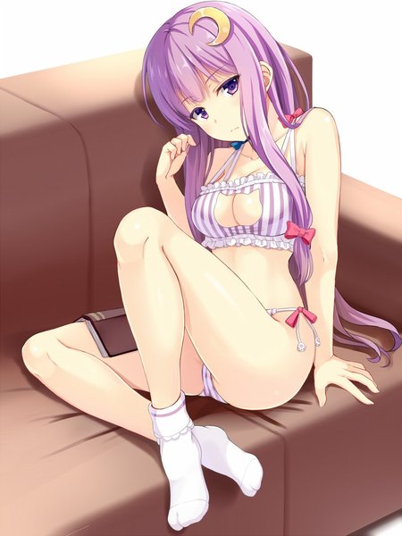 Anime picture 800x1066 with touhou patchouli knowledge noe noel single long hair tall image looking at viewer breasts light erotic purple eyes purple hair girl hair ornament bow hair bow socks white socks couch cat lingerie cat keyhole bra