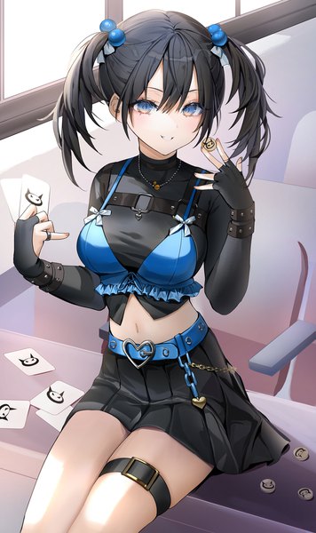 Anime picture 1041x1754 with original lloule single tall image fringe short hair breasts blue eyes black hair smile hair between eyes sitting twintails holding payot indoors parted lips from above midriff short twintails