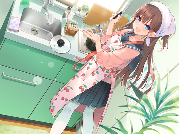 Anime picture 1440x1080 with original iku ki single long hair looking at viewer blush fringe open mouth blue eyes smile brown hair :d pleated skirt from above two side up cooking food print strawberry print girl skirt