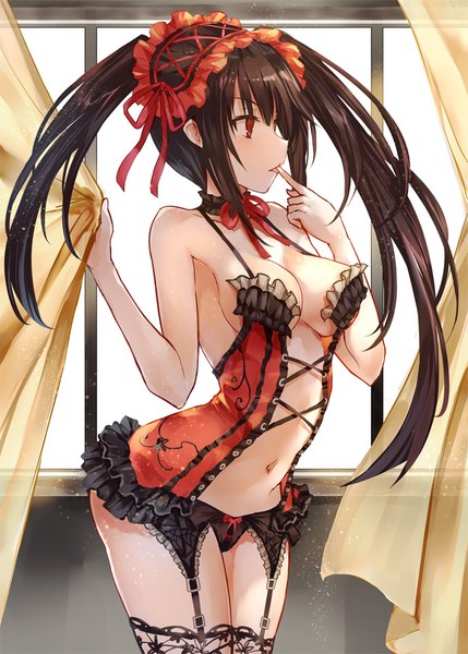 Anime picture 688x963 with date a live tokisaki kurumi asle single long hair tall image blush fringe breasts light erotic black hair red eyes large breasts standing twintails bare shoulders payot looking away cleavage indoors