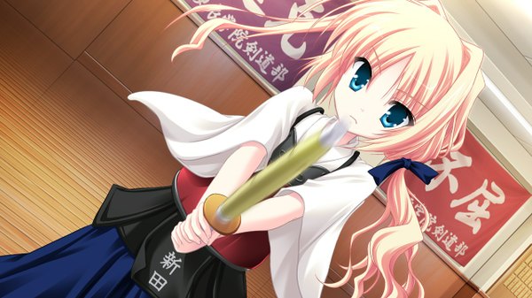Anime picture 1280x720 with kisaragi gold star (game) blue eyes blonde hair wide image game cg kendo girl shinai