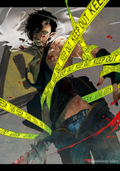 Anime picture 1123x1605 with original izumisiino single tall image looking at viewer short hair black hair holding yellow eyes horn (horns) pointy ears inscription mouth hold bloody weapon open pants boy gloves navel underwear fingerless gloves