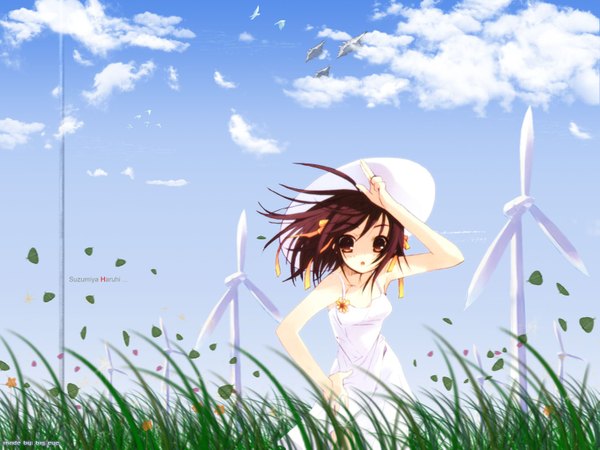 Anime picture 1600x1200 with suzumiya haruhi no yuutsu kyoto animation suzumiya haruhi itou noiji official art girl wind turbine