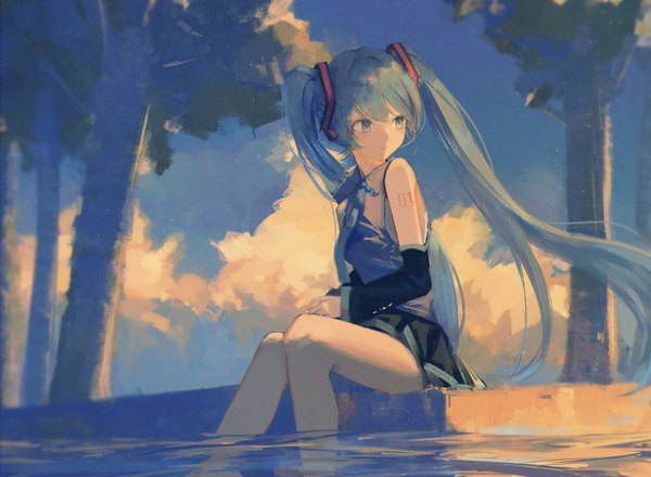 Anime picture 4466x3273 with vocaloid hatsune miku 7ife single blush fringe highres sitting twintails absurdres sky cloud (clouds) bent knee (knees) outdoors very long hair pleated skirt looking back aqua eyes aqua hair bare legs