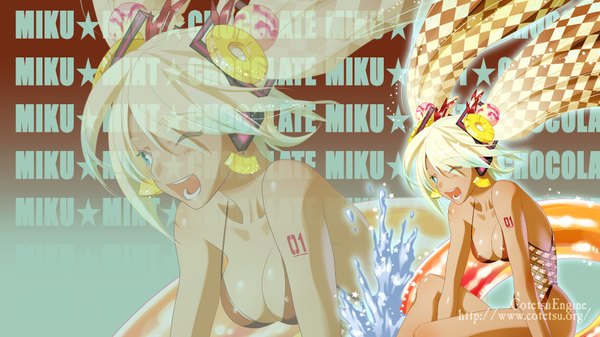 Anime picture 1920x1080 with vocaloid hatsune miku cotetsuengine highres blue eyes light erotic blonde hair wide image twintails one eye closed wink zoom layer girl swimsuit earrings fruit pineapple