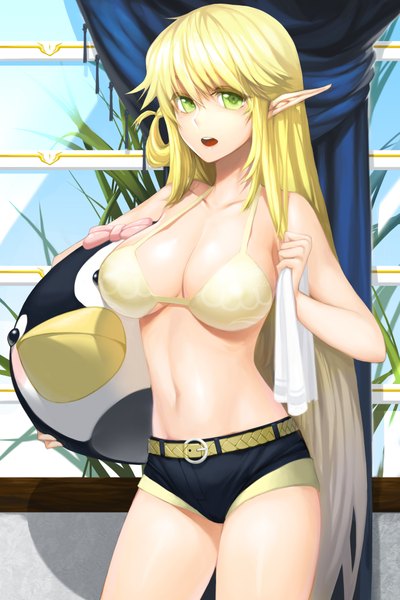 Anime picture 1500x2250 with sword girls treanna snowball22 single long hair tall image breasts open mouth light erotic blonde hair green eyes pointy ears girl navel shorts bikini top