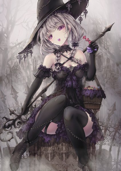 Anime picture 1331x1883 with original missle228 single long hair tall image looking at viewer blush fringe sitting purple eyes bare shoulders holding outdoors braid (braids) head tilt grey hair high heels twin braids halloween eating