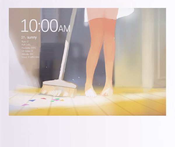Anime picture 1059x893 with original hjl single standing indoors barefoot sunlight bare legs legs border sunbeam floor sketch see-through silhouette time girl dress white dress transparent clothing paper