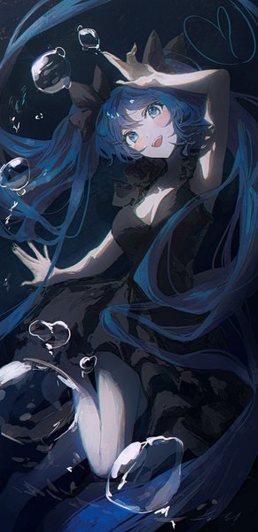 Anime picture 1862x3834 with vocaloid shinkai shoujo (vocaloid) hatsune miku matsogum single tall image blush highres open mouth blue eyes twintails blue hair cleavage very long hair :d underwater girl dress black dress bubble (bubbles)