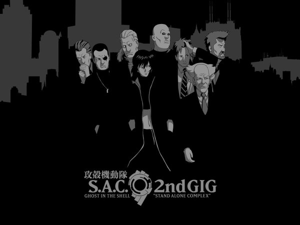 Anime picture 1600x1200 with ghost in the shell production i.g black background monochrome dark background group