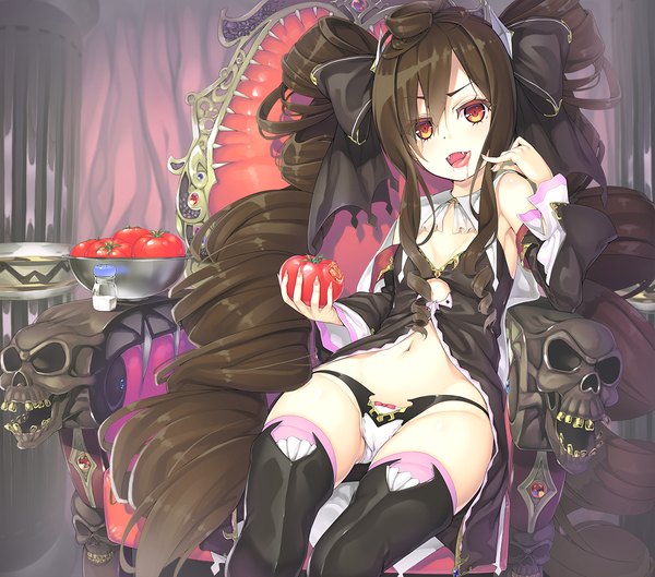 Anime picture 1100x970 with original peragura single open mouth light erotic black hair red eyes twintails very long hair fang (fangs) drill hair vampire girl thighhighs navel underwear panties bow hair bow skull