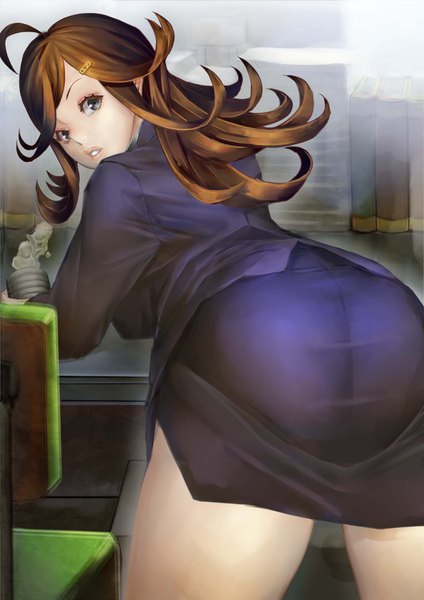 Anime picture 1240x1754 with original shimashima (simasima 23) single long hair tall image looking at viewer light erotic brown hair purple eyes ahoge ass parted lips looking back leaning leaning forward formal girl hairclip book (books) yunomi