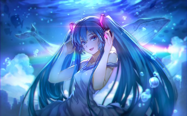 Anime picture 1500x937 with vocaloid hatsune miku kawamatsu yoshinori single looking at viewer fringe open mouth blue eyes smile hair between eyes wide image standing twintails bare shoulders holding blue hair very long hair arms up teeth lens flare