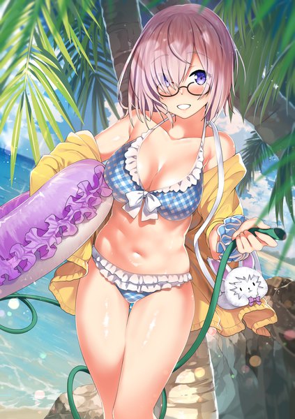 Anime picture 1171x1660 with fate (series) fate/grand order mash kyrielight fou (fate) kawai (purplrpouni) single tall image blush fringe short hair breasts light erotic smile large breasts standing purple eyes holding pink hair cleavage cloud (clouds)