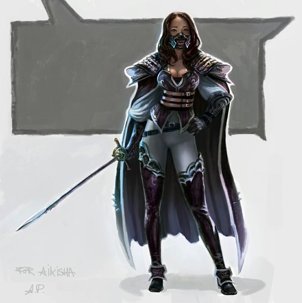 Anime picture 1110x1114 with original alexpascenko single long hair tall image looking at viewer black hair simple background signed black eyes grey background hand on hip girl gloves weapon cloak mask corset epee