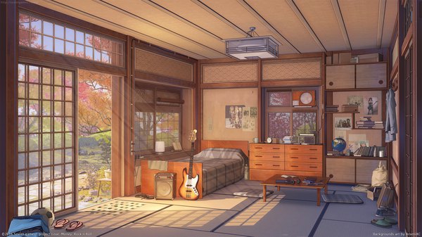 Anime picture 1900x1069 with love money rock'n'roll original arsenixc highres wide image signed sunlight shadow copyright name no people 2016 plant (plants) tree (trees) shoes headphones book (books) bed table clock musical instrument
