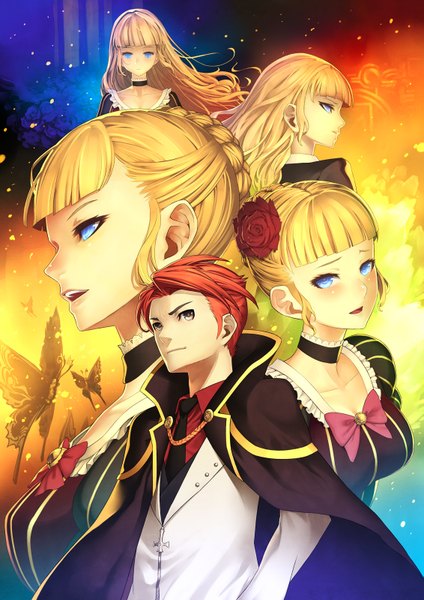 Anime picture 1131x1600 with umineko no naku koro ni beatrice ushiromiya battler kunieda long hair tall image short hair open mouth blue eyes blonde hair yellow eyes red hair profile hair flower multiple persona girl boy hair ornament bow cloak