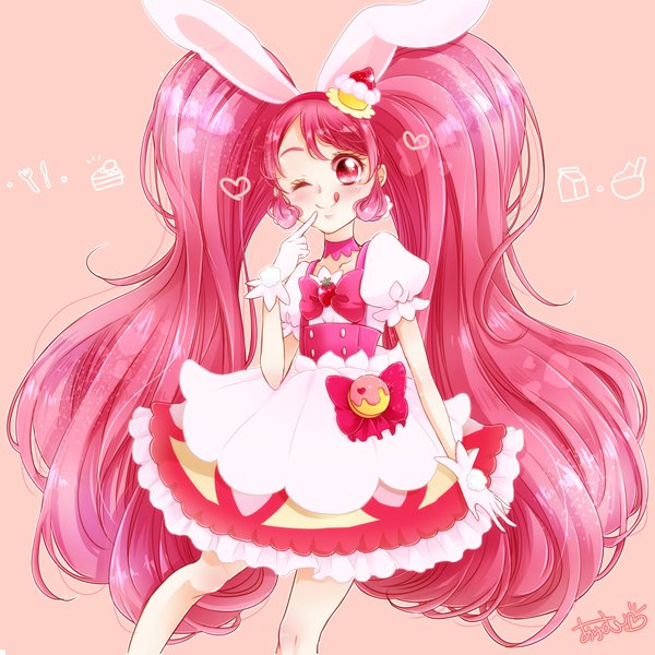 Anime picture 1000x1000 with precure kirakira precure a la mode toei animation usami ichika cure whip ayumu (artist) single blush simple background smile twintails animal ears pink hair very long hair one eye closed pink eyes wink bunny ears puffy sleeves finger to mouth