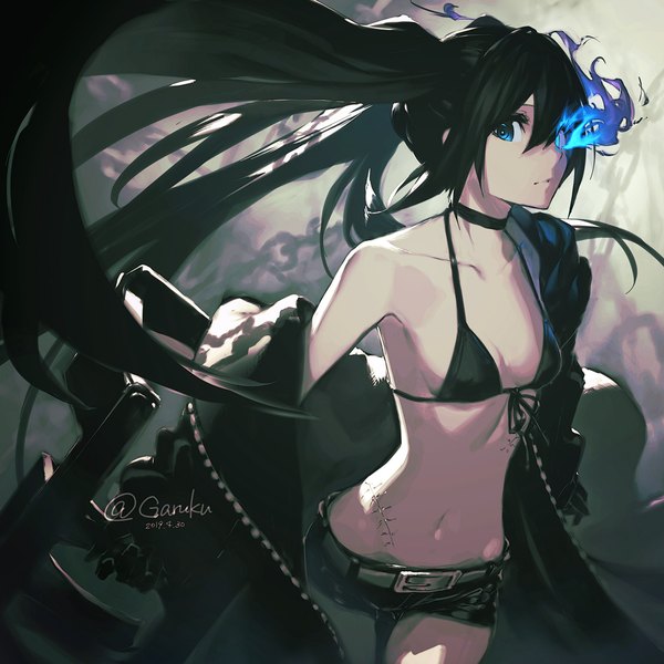 Anime picture 1000x1000 with black rock shooter black rock shooter (character) garuku single long hair looking at viewer fringe breasts blue eyes light erotic black hair hair between eyes standing twintails holding signed payot cleavage off shoulder open jacket