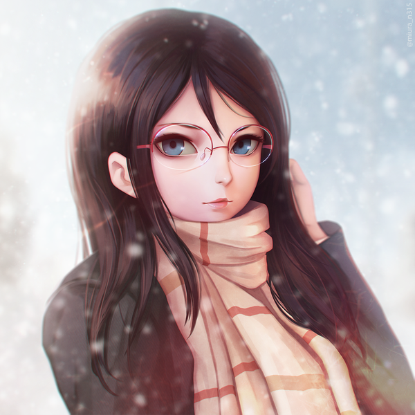 Anime picture 1280x1280 with hibike! euphonium kyoto animation tanaka asuka miura-n315 single long hair looking at viewer fringe blue eyes black hair hair between eyes signed upper body outdoors blurry realistic depth of field lipstick adjusting hair portrait
