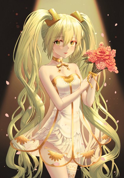 Anime picture 3500x5000 with vocaloid miku symphony (vocaloid) hatsune miku gramophone miku jisu lee single tall image looking at viewer blush fringe highres breasts simple background smile hair between eyes standing twintails bare shoulders holding green eyes