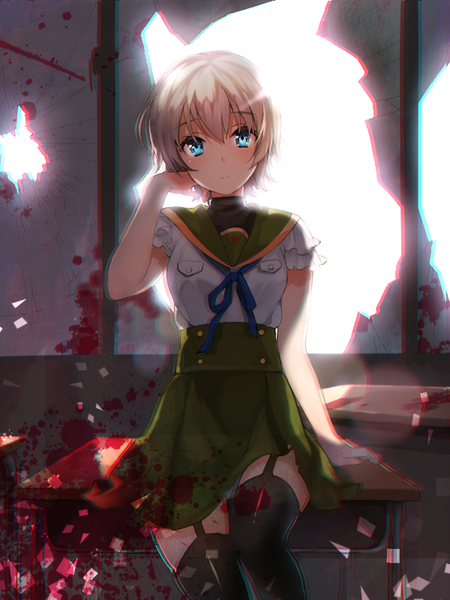 Anime picture 600x800 with gakkou gurashi! naoki miki ice (ice aptx) single tall image looking at viewer blush short hair blue eyes sitting white hair indoors zettai ryouiki adjusting hair anaglyph blood stains girl thighhighs uniform black thighhighs