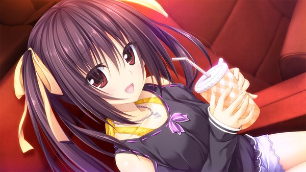 Anime picture 1280x720 with pretty x cation hibiki works sakura asagiri single long hair looking at viewer open mouth black hair smile red eyes wide image twintails game cg girl dress bow ribbon (ribbons) hair bow hair ribbon