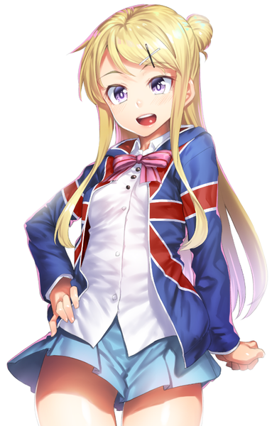 Anime picture 662x1036 with kin-iro mosaic kujou karen h kasei single long hair tall image looking at viewer blush fringe open mouth simple background blonde hair smile standing white background purple eyes payot :d open jacket bare legs