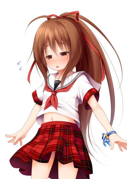 Anime picture 1290x1823 with original tachibana mion (izumi kazusa) haryuu (poetto) single long hair tall image open mouth simple background brown hair white background brown eyes looking away ahoge ponytail pleated skirt short sleeves midriff plaid skirt flying sweatdrops girl