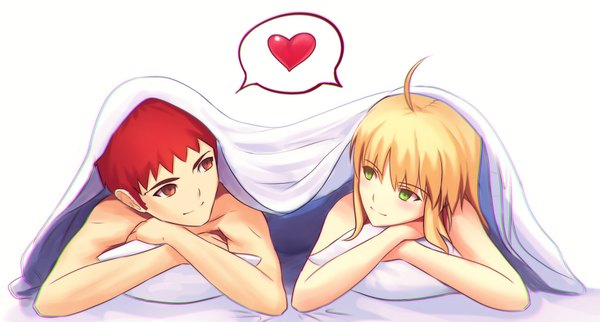 Anime picture 1466x788 with fate (series) fate/stay night artoria pendragon (all) saber emiya shirou fateline alpha long hair blush fringe short hair light erotic simple background blonde hair wide image white background brown eyes green eyes payot ahoge red hair