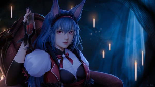 Anime picture 2560x1444 with original alqmia single long hair looking at viewer fringe highres hair between eyes wide image sitting purple eyes signed animal ears blue hair nail polish puffy sleeves lipstick girl gloves black gloves