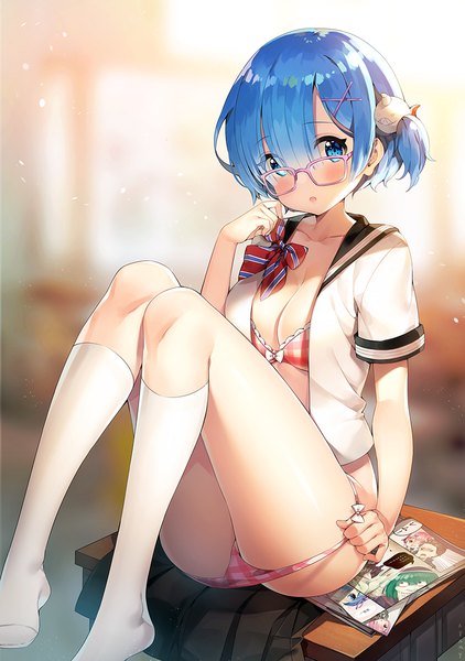 Anime picture 800x1138 with re:zero kara hajimeru isekai seikatsu white fox rem (re:zero) ram (re:zero) natsuki subaru hakugei (re:zero) betelgeuse romanee-conti ayami (annahibi) single tall image looking at viewer blush fringe short hair breasts blue eyes light erotic sitting blue hair cleavage