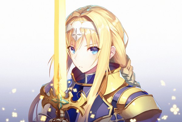 Anime picture 1100x741 with sword art online sword art online: alicization a-1 pictures alice zuberg inho song single long hair looking at viewer blush fringe blue eyes simple background blonde hair hair between eyes holding payot upper body braid (braids) gradient background single braid