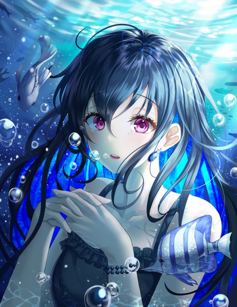 Anime picture 3708x4818 with original gongha single long hair tall image looking at viewer blush fringe highres open mouth black hair hair between eyes purple eyes bare shoulders absurdres upper body ahoge underwater hands clasped interlocked fingers