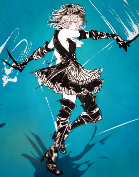 Anime picture 690x875 with touhou izayoi sakuya saegome single tall image looking at viewer fringe short hair blue eyes light erotic simple background hair between eyes signed full body white hair profile shadow maid high heels spread arms