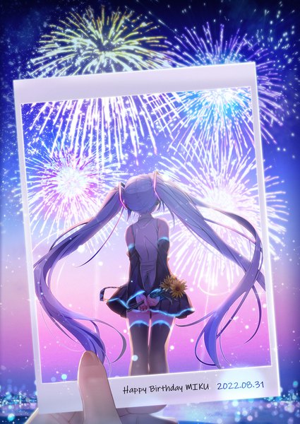 Anime picture 1200x1694 with vocaloid hatsune miku maronie. single tall image twintails holding very long hair grey hair from behind zettai ryouiki dated hands behind back happy birthday fireworks girl thighhighs flower (flowers) black thighhighs detached sleeves