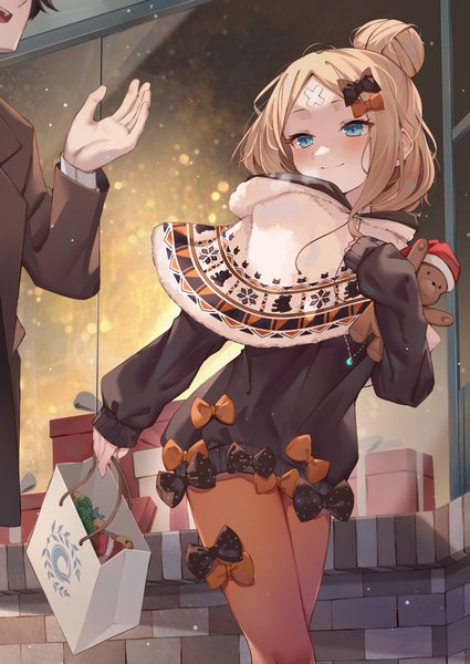 Anime picture 1003x1416 with fate (series) fate/grand order abigail williams (fate) abigail williams (winter caravan online 2021) (fate) yukiyama momo long hair tall image blush blue eyes blonde hair smile looking away hair bun (hair buns) turning head official alternate costume christmas solo focus half updo bandaid on face girl