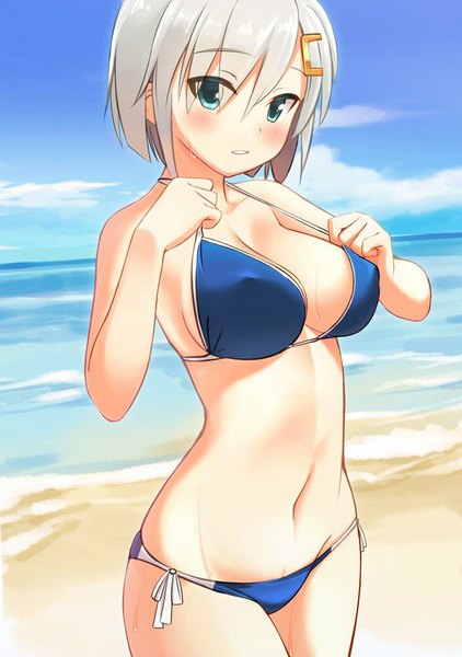 Anime picture 704x1000 with kantai collection hamakaze destroyer sawada yuusuke single tall image looking at viewer short hair breasts blue eyes light erotic bare shoulders white hair bare belly midriff wet beach horizon girl navel hair ornament