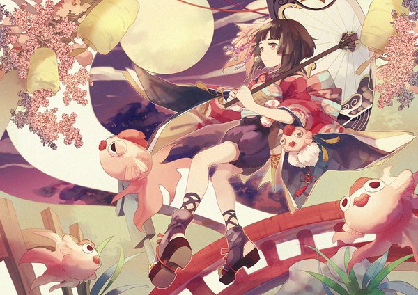 Anime-Bild 1300x919 mit onmyoji kagura (onmyoji) xi yuu single fringe short hair red eyes brown hair looking away sky full body blunt bangs traditional clothes japanese clothes cherry blossoms midair girl animal moon umbrella