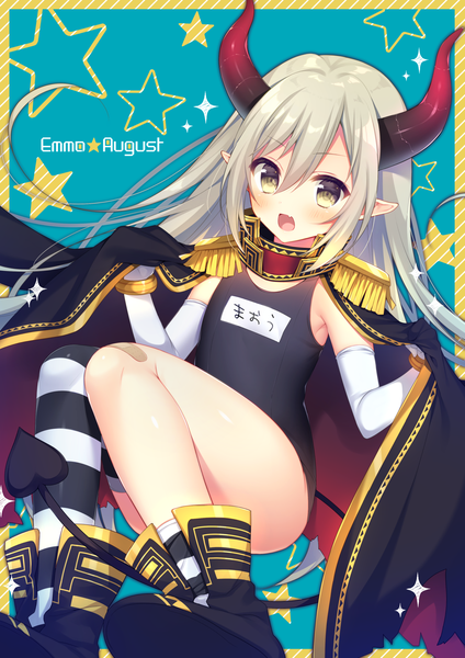 Anime-Bild 1273x1800 mit virtual youtuber nijisanji emma august ytuorvi single long hair tall image looking at viewer blush fringe open mouth light erotic hair between eyes yellow eyes silver hair tail :d horn (horns) pointy ears character names