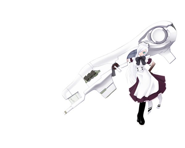 Anime picture 1280x1024 with original miito shido single long hair looking at viewer fringe white background green eyes full body white hair hair over one eye maid hand on hip third-party edit extended girl uniform weapon headdress bowtie