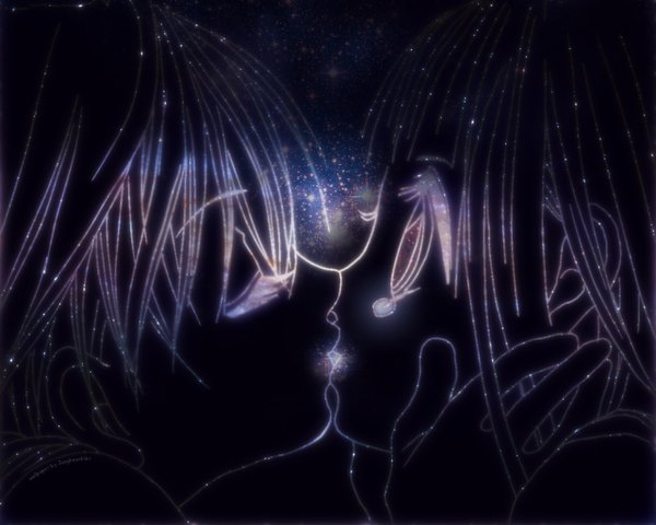 Anime picture 1280x1024 with boku no hatsukoi wo kimi ni sasagu takuma kakinouchi mayu taneda eyes closed night couple kiss girl boy star (stars) teardrop